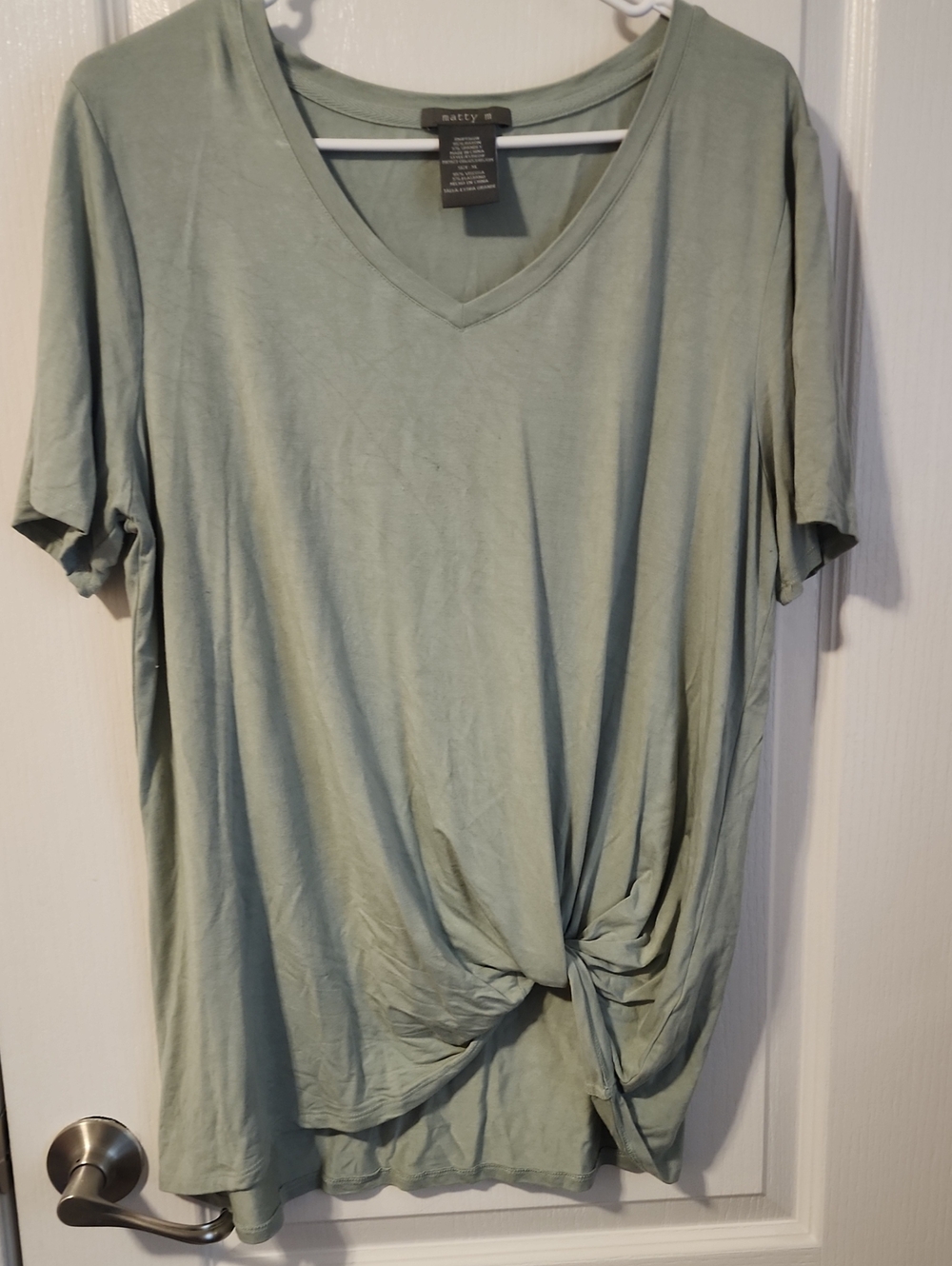 Matty M Sage Green V-Neck Short Sleeve Twist-Front Top